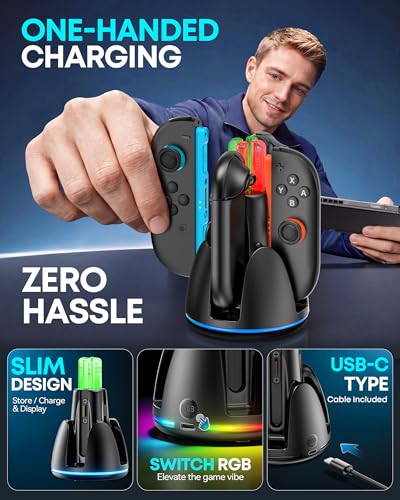 Switch Joycon Charger for SW 2 Model, Fast SW Charger Station with 9 RGB Lighting Modes & Dual-Direction Magnetic, Switch 2 Controller Charging Dock Accessories - size: M-Black-Switch 2