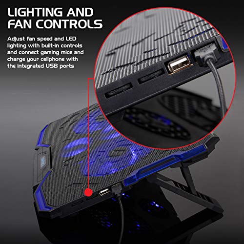ENHANCE Cryogen Gaming Laptop Cooling Pad - Fits 17 in Computer- Adjustable Laptop Cooling Stand with 5 Quiet Cooler Fans, 2 USB Ports and LED Lighting - Slim Portable Design 2500 RPM (Blue) - color: Blue
