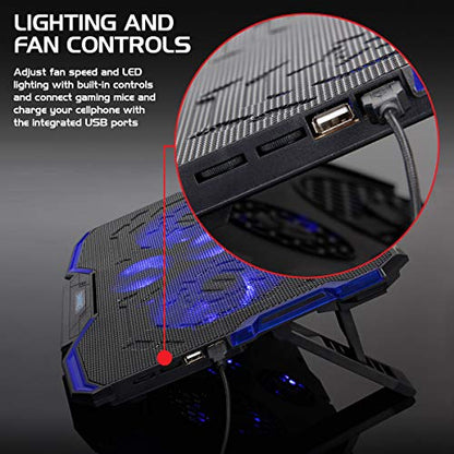ENHANCE Cryogen Gaming Laptop Cooling Pad - Fits 17 in Computer- Adjustable Laptop Cooling Stand with 5 Quiet Cooler Fans, 2 USB Ports and LED Lighting - Slim Portable Design 2500 RPM (Blue) - color: Blue