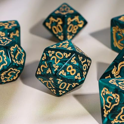 7-Die DND Dice Set Dragon Pattern Polyhedral Die with Leather Bag D&D Dice Set for RPG Table Games (Green W/Gold Dragon Pattern) - color: Green W/Gold Dragon Pattern
