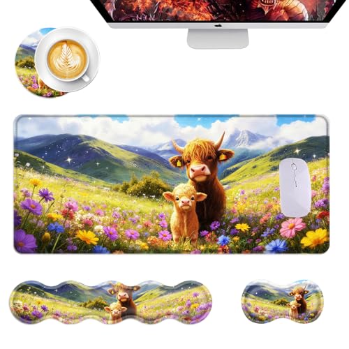 Mouse Pad,Large Desk Mat Set, 4in1 XL Mousepad + Keyboard Wrist Rest+Mouse Wrist Rest+Coaster with Ergonomic Desk Pad for Home Office Table Computer Cover -Highland Cows - color: Highland Cows