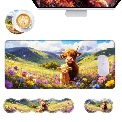 Mouse Pad,Large Desk Mat Set, 4in1 XL Mousepad + Keyboard Wrist Rest+Mouse Wrist Rest+Coaster with Ergonomic Desk Pad for Home Office Table Computer Cover -Highland Cows - color: Highland Cows