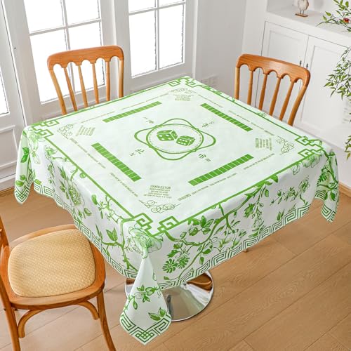 Oudain Chinoiserie Mahjong Tablecloth Florals Card Table Cloth 55x 55 Inch Square Tablecloth Game Table Cover with Game Rules for Mahjong Beginners, Card, Board Tile Games(Green and White) - color: Green and White