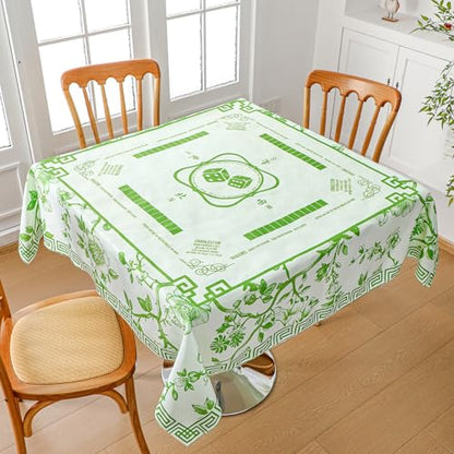 Oudain Chinoiserie Mahjong Tablecloth Florals Card Table Cloth 55x 55 Inch Square Tablecloth Game Table Cover with Game Rules for Mahjong Beginners, Card, Board Tile Games(Green and White) - color: Green and White