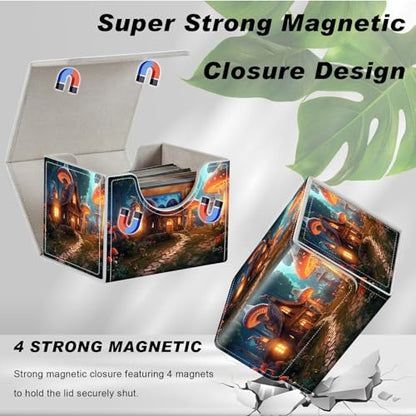 DEGDFSGR Card Game Storage Box for TCG MTG Commander Deck Box Organizer Trading Card Case Magnetic Closure Creative Pattern Up to 200 Cards, A Magical Mushroom Village - color: A Magical Mushroom Village