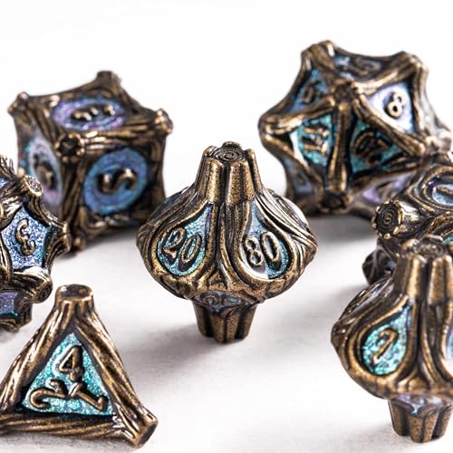 7PCS Metal DND Dice Bronze Blue Metal Dice Set D&D for Board Games | Leather Storage Bag, DM Gift, for Dungeons and Dragons Role Playing Games - color: Metal Tree-bronzeblue