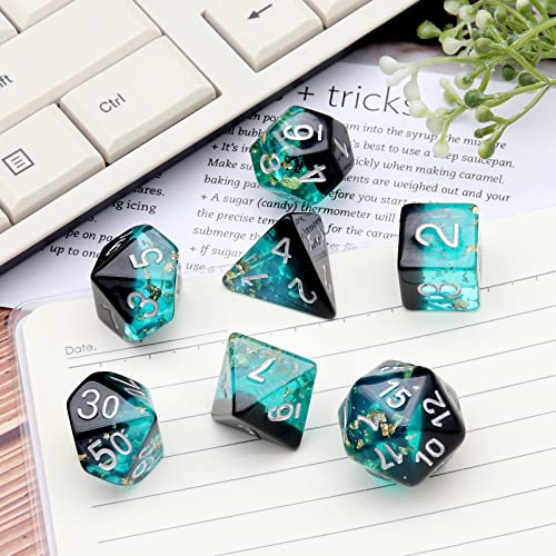 Haxtec DND Dice Set, 7 Pcs Gold Foil Resin Polyhedral RPG Dice | Blue Black Role Playing Games Dice with Velvet Pouch, Compatible with Dungeons and Dragons, D&D Gift for DM Masters - color: Blue Black