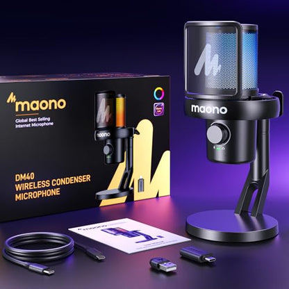 MAONO Wireless Microphone for PC,Gaming Streaming Condenser Mic with Software AI Voice Change,3-Level Noise Cancellation,Custom EQ,Gain Control USB Mic for Podcast Recording (DM40-Black) | Condenser Computer Mic with Noise Reduction/One-Click Mute/EQ/RGB/