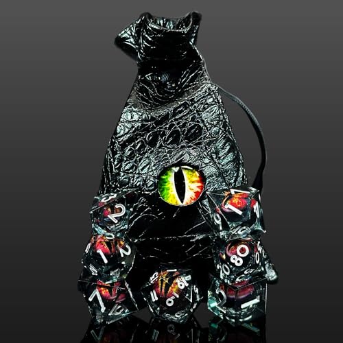 HAOMEJA Resin Dragon Eye DND Dice Set D&D 7 Pcs Resin Sharp Edge Role Playing Dice with Dragon Eye Dice Bag, Polyhedral Dungeons and Dragons Dice D20 D12 D10 D100 D8 D6 D4(Black & Eye Red) - color: 7 Eye Red & Black