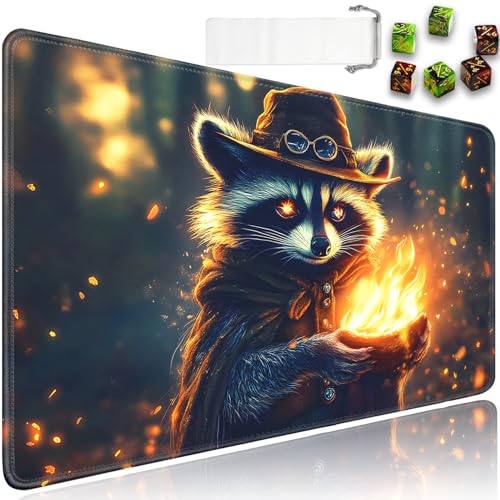 for MTG Game Playmat - 24 x 14 inches with Dices and Storage Bags, Non-Slip Base for TCG and Board Game Card Mats, Trading Card Games Mat, Sorcery Raccoon Pattern Collectible Card Playmats - color: Jv-playmat-p7-1-g187