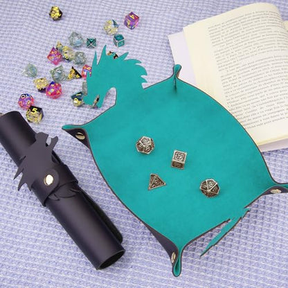 SIQUK 2 Pieces Dragon Dice Rolling Tray PU Leather Dice Mat Folding Scroll Dices Holder for D&D RPG Games (Cyan, Black) - color: Cyan, Black