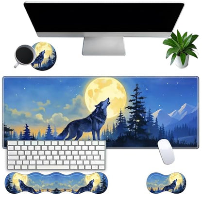 Large Gaming Mouse Pad Set with Wrist Support – 31.5" x 11.8" 4-in-1 XXL Mousepad with Keyboard Wrist Rest, Mouse Wrist Rest & Coaster – Ergonomic Desk Mat for Office, Home – Wolf Moon - color: Wolf Moon