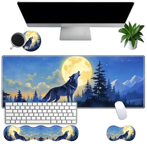 Large Gaming Mouse Pad Set with Wrist Support – 31.5" x 11.8" 4-in-1 XXL Mousepad with Keyboard Wrist Rest, Mouse Wrist Rest & Coaster – Ergonomic Desk Mat for Office, Home – Wolf Moon - color: Wolf Moon