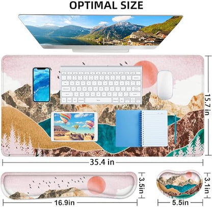 LATEEFAH Large Mouse Pad and Keyboard Wrist Rest, Desk Pad for Keyboard and Mouse, Extended Gaming Mouse Pad with Wrist Support, Waterproof Non-Slip Desk Mouse Mat for Office, Home - color: 4pcs-Art Mountains