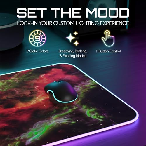 Gerlos RGB Gaming Mouse Pad, Large LED Desk Mat, 31.5 x 11.8 Inch | 12 light modes, non-slip base, water-resistant surface, stitched edges - color: Red