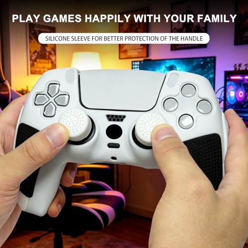 Anti-Slip White PS5 Controller Skin,Soft Thicken Studded Protective Silicone Cover Skin Grips Compatible with PS5/Slim/Pro Controller and 8 PCS Thumb Grips Caps. (White & Black) - color: White & Black