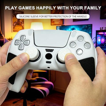 Anti-Slip White PS5 Controller Skin,Soft Thicken Studded Protective Silicone Cover Skin Grips Compatible with PS5/Slim/Pro Controller and 8 PCS Thumb Grips Caps. (White & Black) - color: White & Black