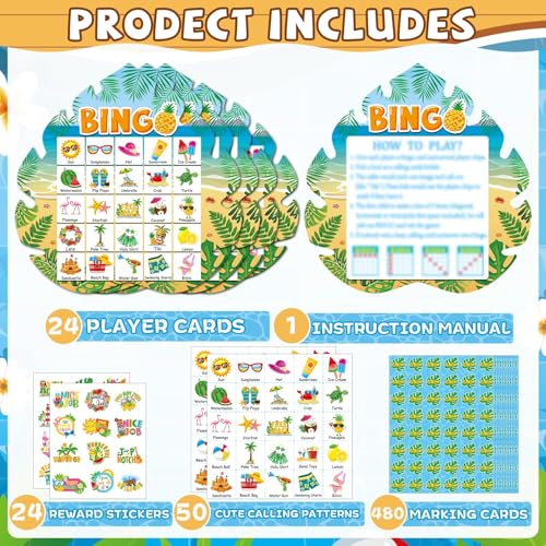 39Pcs Hawaiian Bingo Game for Adults Kids 24 Players Tropical Summer Palm Leaves Bingo Game Cards with Reward Stickers for Family Friend Student Large Group Activities Luau Theme Party Supplies Favors - style: Hawaiian