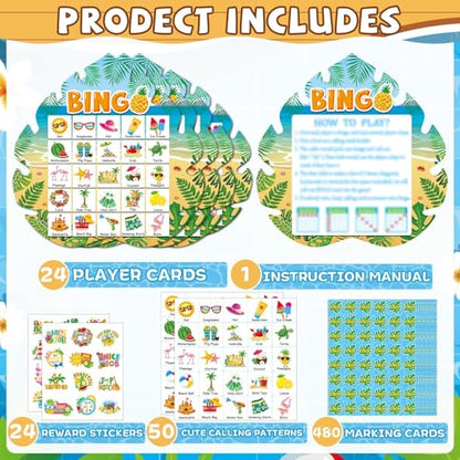 39Pcs Hawaiian Bingo Game for Adults Kids 24 Players Tropical Summer Palm Leaves Bingo Game Cards with Reward Stickers for Family Friend Student Large Group Activities Luau Theme Party Supplies Favors - style: Hawaiian