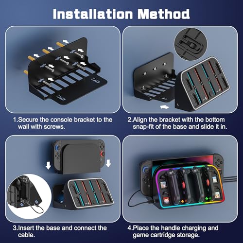 Switch 2 Wall Mount, Wall Mount Stand for Nintendo Switch 2 (2025) Console with 4 Joy Con Charger Ports and 7 RGB Modes Light, Space Saving Dock with Cooling Vent Design & Easy Installation