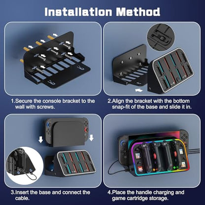 Switch 2 Wall Mount, Wall Mount Stand for Nintendo Switch 2 (2025) Console with 4 Joy Con Charger Ports and 7 RGB Modes Light, Space Saving Dock with Cooling Vent Design & Easy Installation