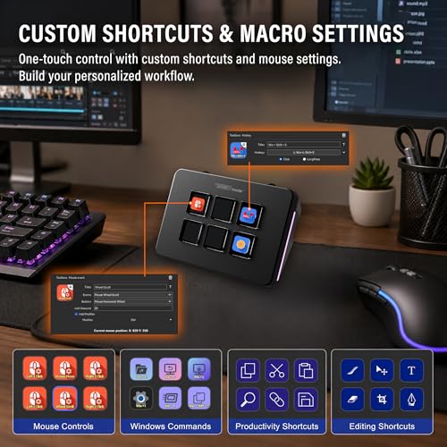 Mini Stream Controller Deck, Gaming Streaming Macro Pad Keypad, Shortcut Keyboard with 6 Programmable LCD Keys, Customizable Icons & RGB Light, USB Soundboard for Video Editing, OBS, PC, Mac - color: Black