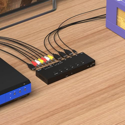 5 in to 1 Out RCA/HDMI Switcher，3 Way HDMI 2.0 + 2 RCA to HDMI Converter, Support 4:3/16:9 4K and 3D for PS1/2/3/4/5, N64, SNES, Switch, DVD, Roku, etc. - color: 5 in to 1 Out RCA/HDMI Switcher