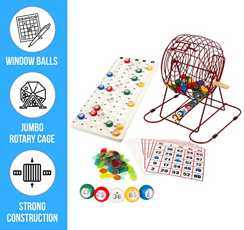 Regal Bingo Red Professional Bingo Game Set with 11" Wheel Cage, 75 Bingo Balls, Master Board, 18 Bingo Cards & 25 Jumbo Reusable Cards, and Colorful Chips - Bingo Games for Adults Large Group - color: Professional Red