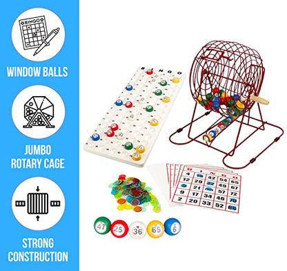 Regal Bingo Red Professional Bingo Game Set with 11" Wheel Cage, 75 Bingo Balls, Master Board, 18 Bingo Cards & 25 Jumbo Reusable Cards, and Colorful Chips - Bingo Games for Adults Large Group - color: Professional Red