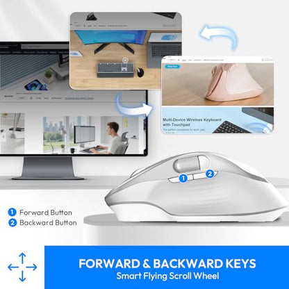 Rechargeable Wireless Mouse with Side Scroll Bluetooth Mouse -White | Bluetooth Computer Mouse for Laptop Multi Device Programmable Mouse, Smart Flying Scrolling for PC, Desktop,Tablet - color: White