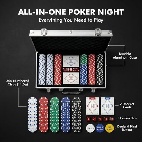 HEITOK 300pc Poker Chip Set 11.5g Iron Core Denominations Texas Holdem | 2-8 players, numbered values 1/5/25/100/500, aluminum case, cards, dice, dealer/small/big blind buttons, Blackjack - size: 300 numbered chips set