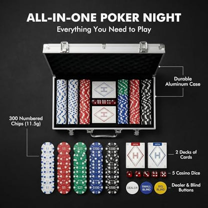 HEITOK 300pc Poker Chip Set 11.5g Iron Core Denominations Texas Holdem | 2-8 players, numbered values 1/5/25/100/500, aluminum case, cards, dice, dealer/small/big blind buttons, Blackjack - size: 300 numbered chips set