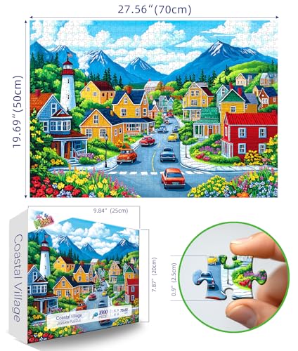 MINIWAN 1000 Piece Colorful Coastal Town Lighthouse Mountain Puzzle | Adults & Seniors, 27.5"x19.7", Letters on Back, Reference Poster - color: Colorful Mountain Town
