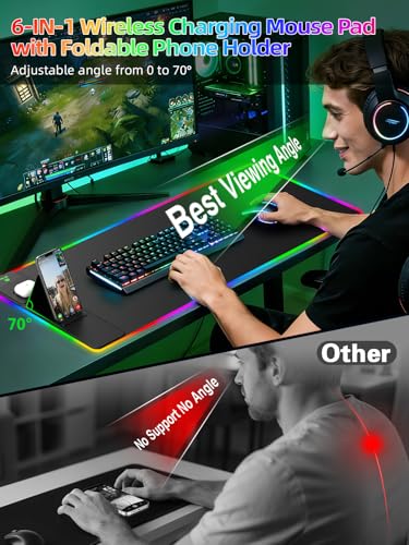 Mouse Pad with Wireless Charger Foldable Phone Holder, XXL RGB Gaming Mousepad 31.5"x15.8" Large Desk Mat for Keyboard, Black Desk Pad with Dual Qi Charging Station, 11 Colors 5 Modes - color: Black-Phone Holder-31.5"x15.8"