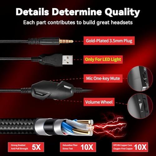 Jimonyer Gaming Headset with Microphone, 7.1 Surround Sound and Noise Canceling Over Ear Headphones for PC, PS4, PS5,Xbox Series,Switch, RGB Light and Soft Imitation Protein Earmuffs (Red) - color: Red