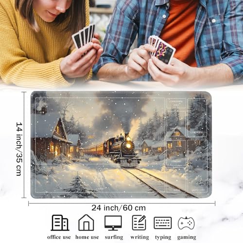 for MTG/TCG Playmat with Zones, 24 x 14 inches Trading Card Playmat with A Storage Bag and 6 Dice, Non-Lip Rubber Bottom Game Desk Mat, Steam Train in The Snowy Night - color: Yux-playmats-2-3A-252