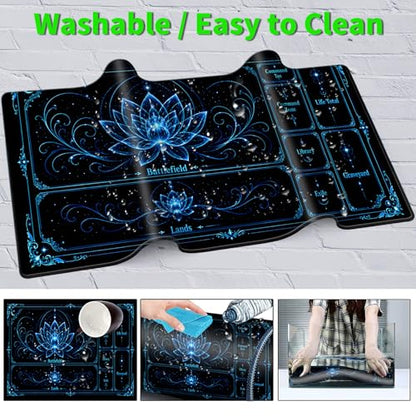 Playmat for MTG with Zones, 24 x 14 Inch Card Game Mat, Stitched Edges, Non Slip Rubber Base, 2mm Washable Play Mat with Storage Bag, Lotus Flower Design, Blue Color - color: Blue