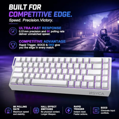 WIN68 HE Hall Effect Keyboard, Rapid Trigger Magnetic Gaming Keyboard, 8000Hz Polling Rate, DKS & SOCD, 0.01mm Adjustable Actuation, RGB PBT Keycaps, 60% Wired Keyboard for FPS Gaming PC & Mac - color: WIN68 White Side-Printed