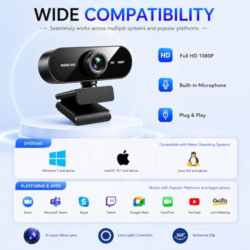 Gritto 1080P HD Webcam with Auto Focus & Microphone, 30FPS Computer Camera, USB Plug-and-Play with Type-C Adapter, 360° Rotating Webcam for Zoom Meetings, Teams, Streaming & Online Classes