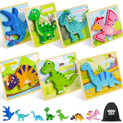 TOY Life Toddler Puzzles Ages 2-4, Wooden Puzzles for Toddlers 1-3, 7 Pcs Dinosaur Puzzle 2 Year Old, Puzzles for Kids Ages 3-5, Toddler Boy Toys 2-3, Educational Learning Toys for 3 Year Old - style: Dinosaur