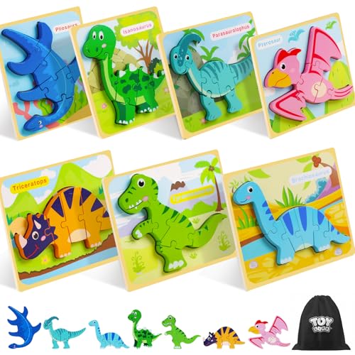 TOY Life Toddler Puzzles Ages 2-4, Wooden Puzzles for Toddlers 1-3, 7 Pcs Dinosaur Puzzle 2 Year Old, Puzzles for Kids Ages 3-5, Toddler Boy Toys 2-3, Educational Learning Toys for 3 Year Old - style: Dinosaur