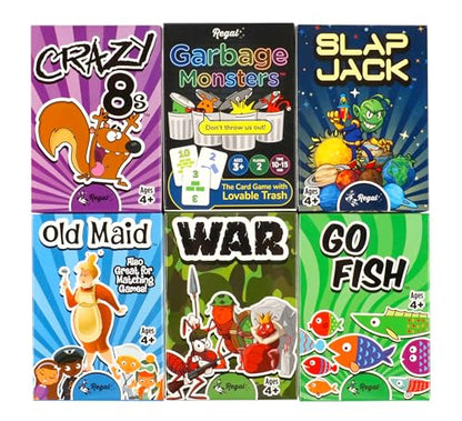 Regal Games Card Games for Kids - Go Fish, Crazy 8's, Old Maid, Slap Jack, Garbage Monster, War - Simple & Fun Classic Family Table Games - Games May Vary (6 Set) - color: Original 6 Pack