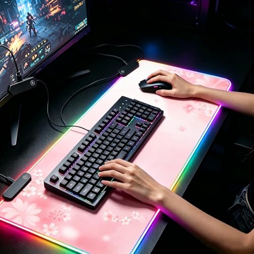 RGB Large Gaming Mouse Pad, Extended Mouse Pad with 12 Lighting Effects, Water Proof Mutispandex Surface, Non-Slip Rubber Base, 80x30 cm / 31.5×11.8 in (Sakura) - color: Sakura