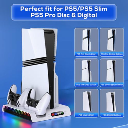 FASTSNAIL Cooling Station with Controller Charger for PS5/Slim/Pro Console | Vertical Cooling Stand, Fast Charger 2 Controllers, 3 Efficient Fans, 9 RGB Light Modes, Headset Hook for PS5 Accessories Kit