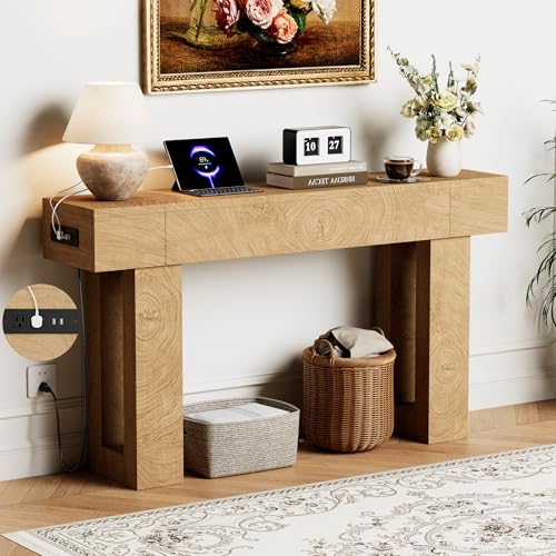 63 Inch Long Console Table w/Outlets & USB Ports, Narrow Rectangular Sofa Table Behind The Couch, Farmhouse Entryway Table for Entrance, Hallway, Living Room - color: Natural, style: With Socket