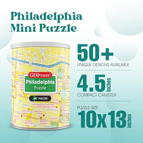 Geotoys Philadelphia Mini City Puzzle - 100 Piece Puzzles for Kids and Adults in Portable Can, 13" x 10" Educational Travel Puzzle for Ages 7 and Up - Mini Puzzles to Learn & Explore Geography - style: Philadelphia