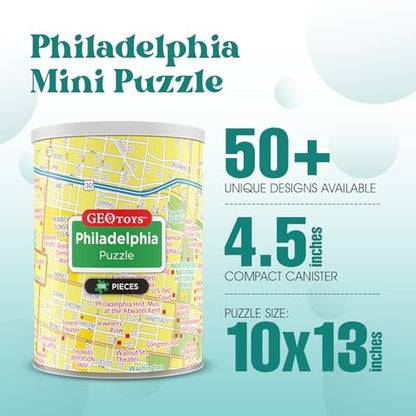 Geotoys Philadelphia Mini City Puzzle - 100 Piece Puzzles for Kids and Adults in Portable Can, 13" x 10" Educational Travel Puzzle for Ages 7 and Up - Mini Puzzles to Learn & Explore Geography - style: Philadelphia