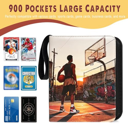 Basketball Card Binder 900 Pockets, Sport Card Holder, Compatible with Panini, Topps Trading Card, Metal 3 Ring, Zipper, Transparent Sleeves, PU Cover - color: basketball, size: 900 pockets
