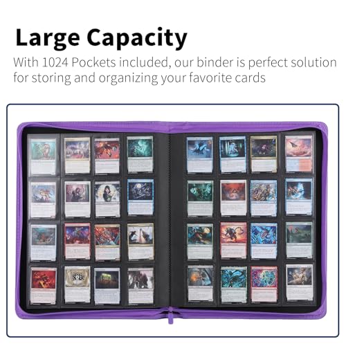 Snekdy premium 1024-pocket trading card binder, 16-pocket cards album, waterproof PU-leather Cover album with side loading, holds gaming, baseball, basketball & sports cards (Purple) - color: Purple