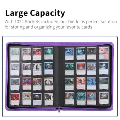 Snekdy premium 1024-pocket trading card binder, 16-pocket cards album, waterproof PU-leather Cover album with side loading, holds gaming, baseball, basketball & sports cards (Purple) - color: Purple